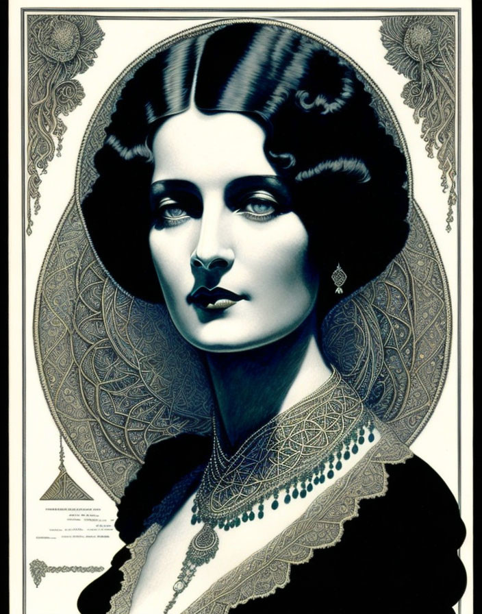 Art Deco Style Woman Illustration with Styled Hair & Elegant Jewelry