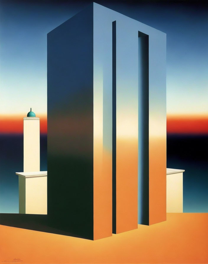 Abstract painting of tall buildings against sunset with lighthouse