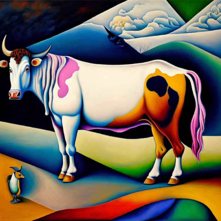 Colorful painting of stylized cow and bird in surreal landscape