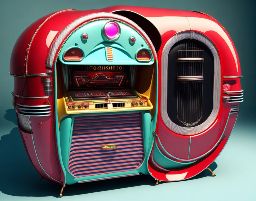 Colorful Vintage Jukebox with Red, Teal, and Chrome Accents