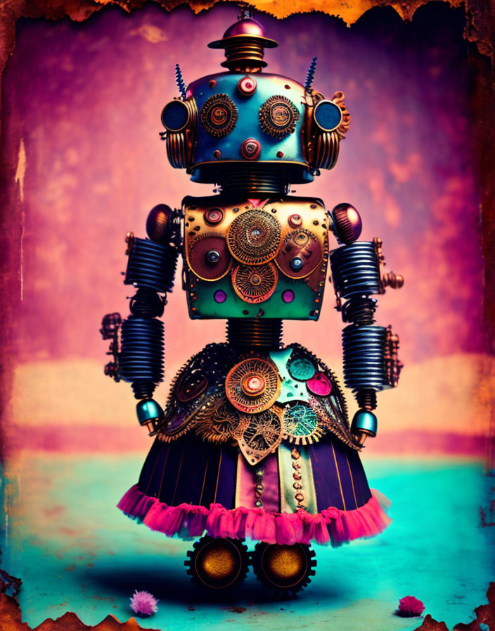 Steampunk-style robot with skirt and gears on colorful background