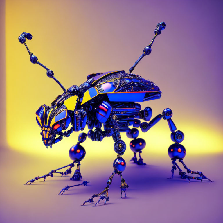 Detailed 3D Rendering of Futuristic Robotic Insect on Purple and Yellow Gradient Background