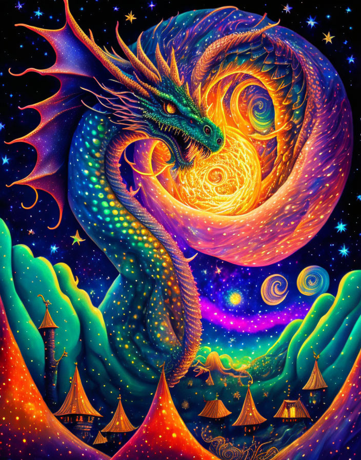 Colorful dragon with glowing orb in mystical night sky landscape