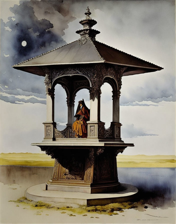 Ornately dressed figure under pavilion with moonlit sky