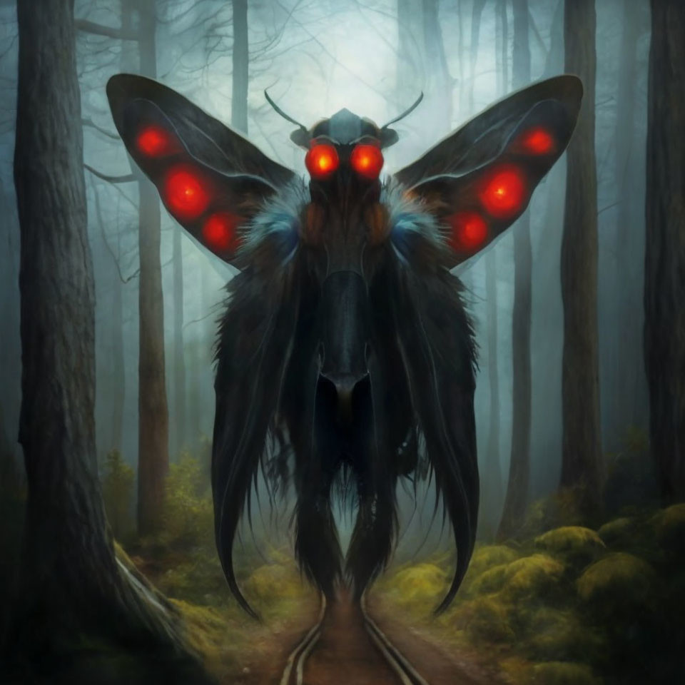 Vibrant red-eyed moth in misty forest with detailed wings