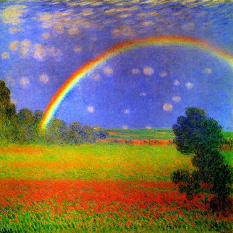 Vibrant Impressionist Landscape with Rainbow, Poppy Field, Trees, and Sky