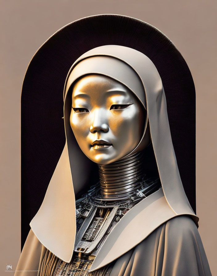 Digital Artwork: Humanoid Robot in Nun's Habit on Neutral Background