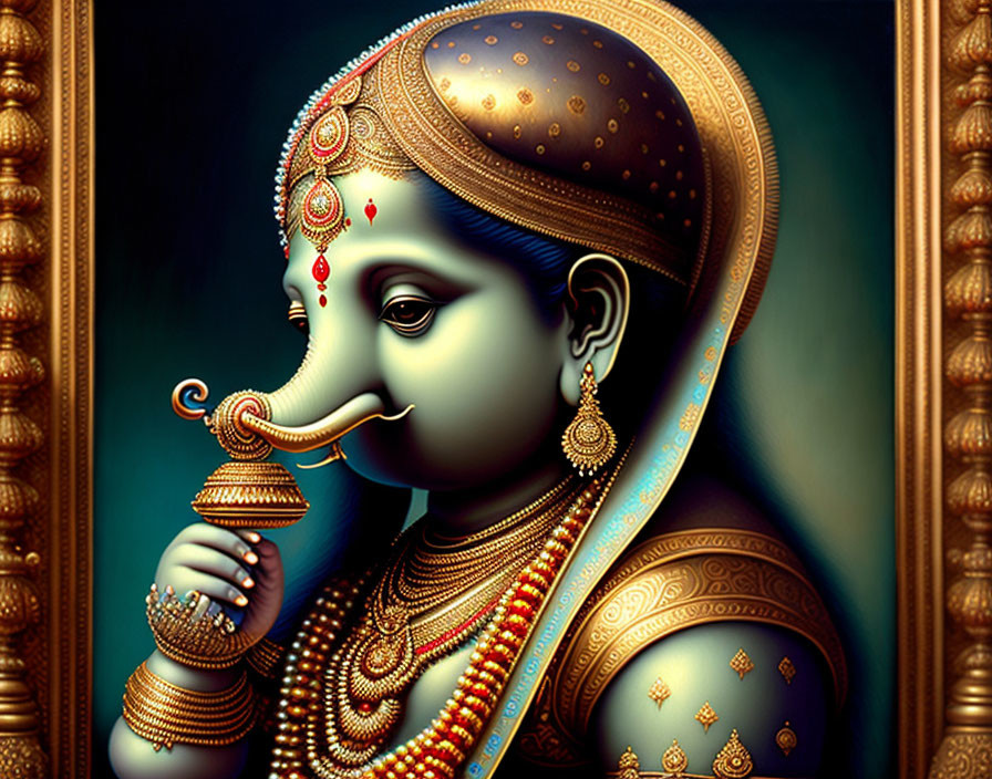 Traditional Indian Lord Ganesha illustration with human features and serene expression holding a pot