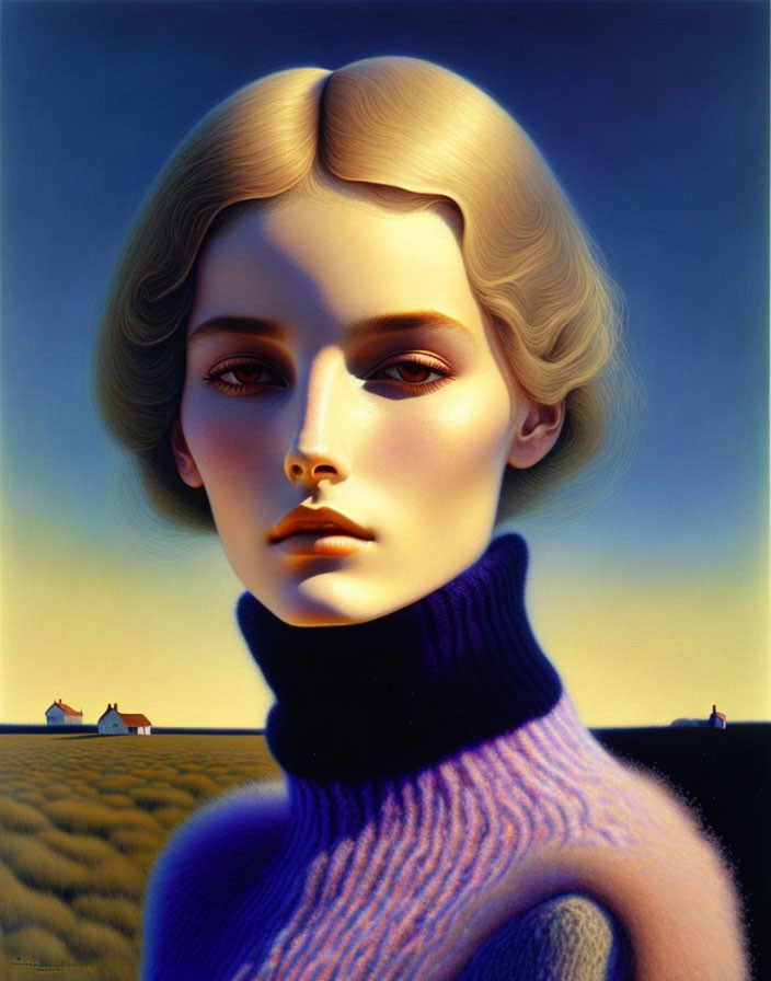 Hyperrealistic Painting: Woman with Blonde Hair in Purple Turtleneck, Surreal Landscape & Houses