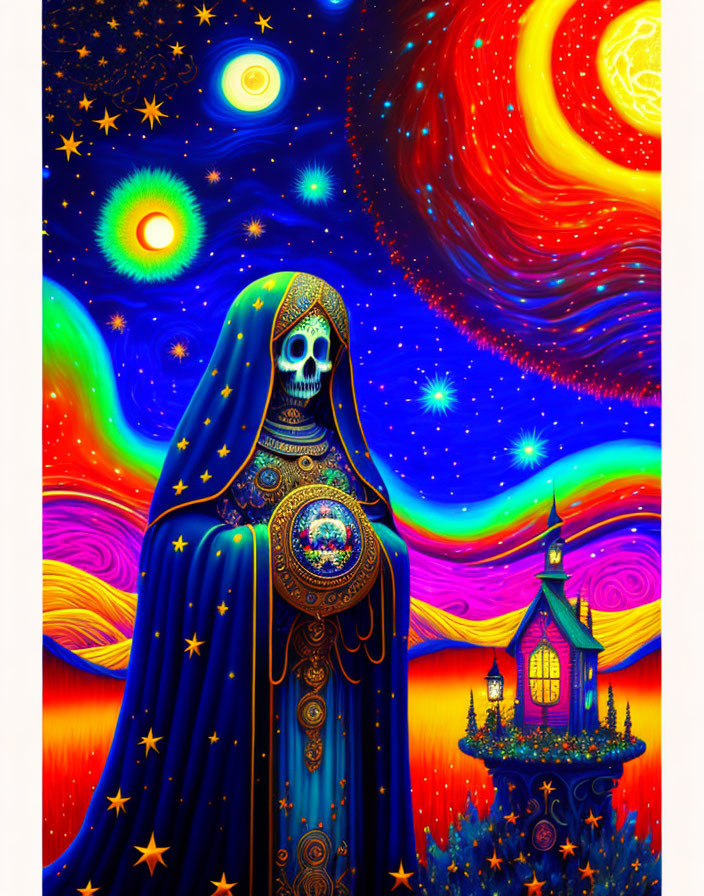 Colorful skeletal figure in starry robe against cosmic backdrop.