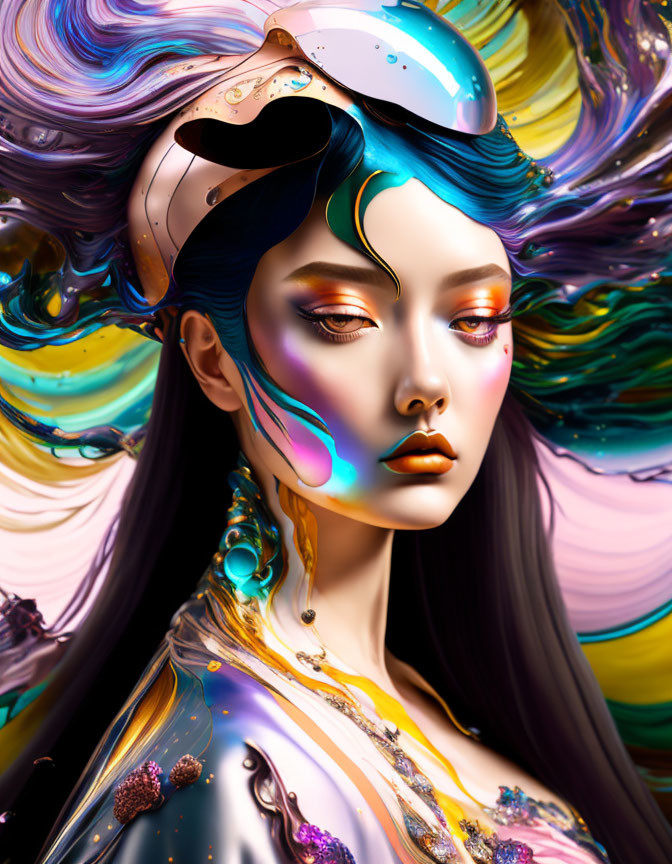 Colorful digital artwork: Woman with multicolored hair and bold makeup on vibrant abstract backdrop