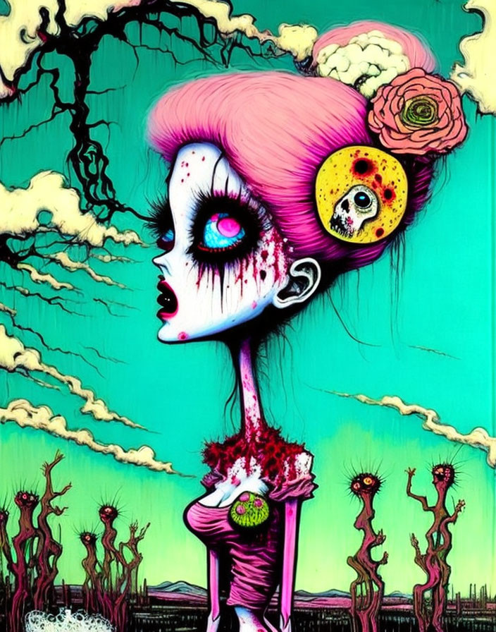 Colorful surreal female figure with elongated features and skull-like face adornments in whimsical illustration.