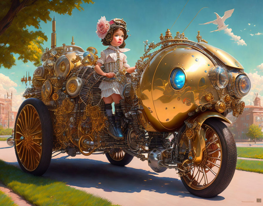 Vintage-clad girl on steampunk-style vehicle in sunny urban setting