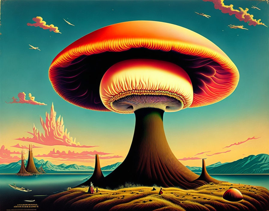 Surrealist landscape with oversized mushroom, ships, mountains, and sunset sky