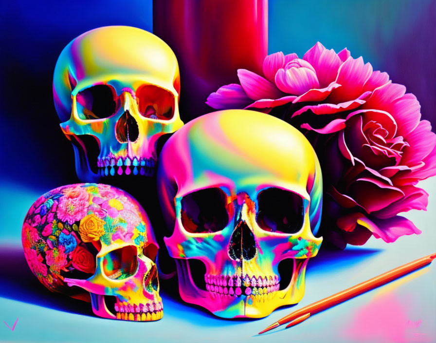 Colorful Neon Skulls with Vase, Rose, and Brush on Blue Background