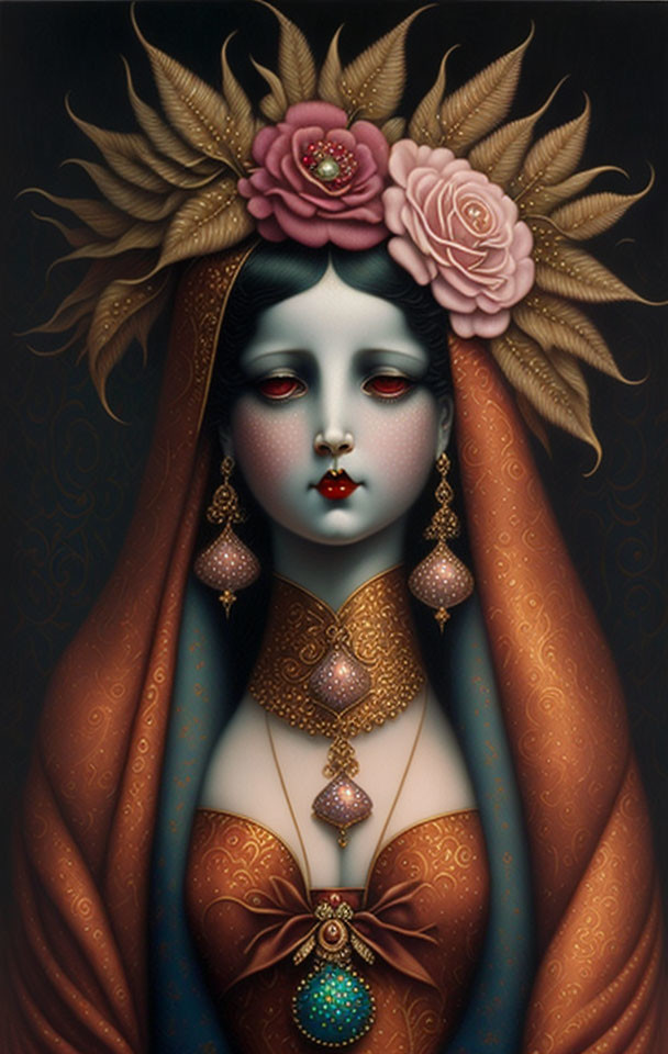 Portrait of Woman with Pale Skin, Dark Hair, Red Eyes, Elaborate Headdress, Gold