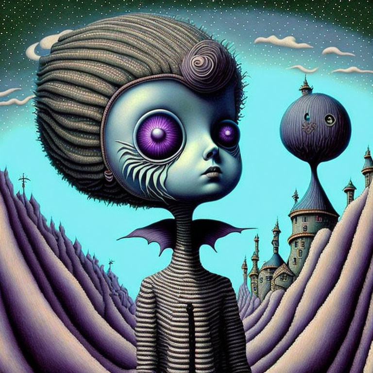 Character with Large Purple Eyes in Surreal Fantasy Landscape