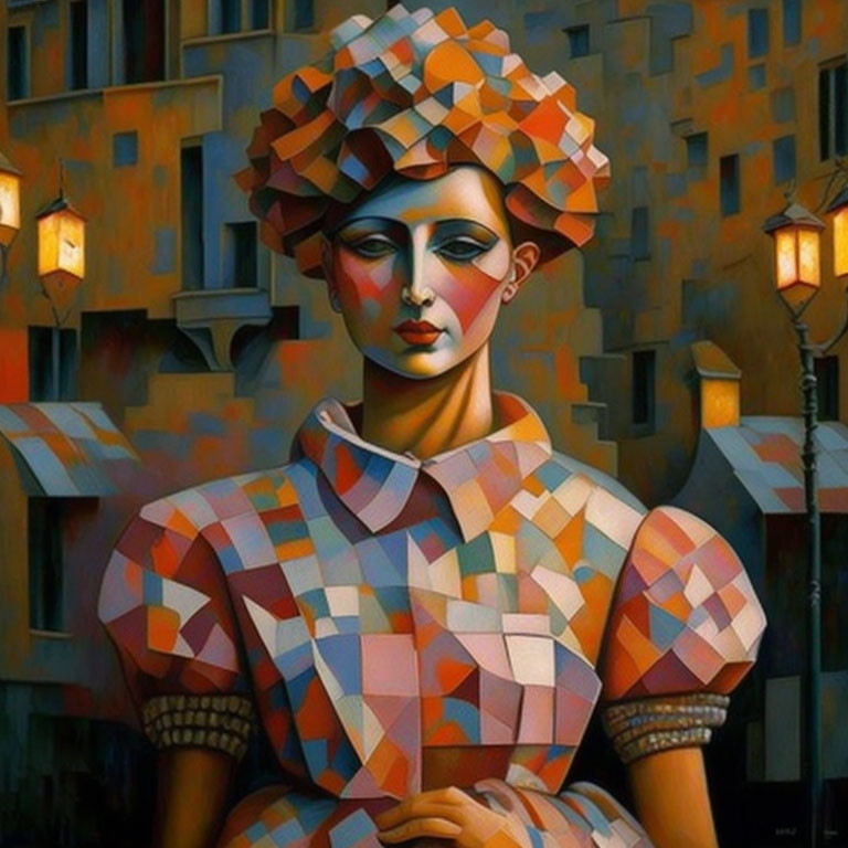 Cubist-style painting of woman in geometric outfit against abstract cityscape