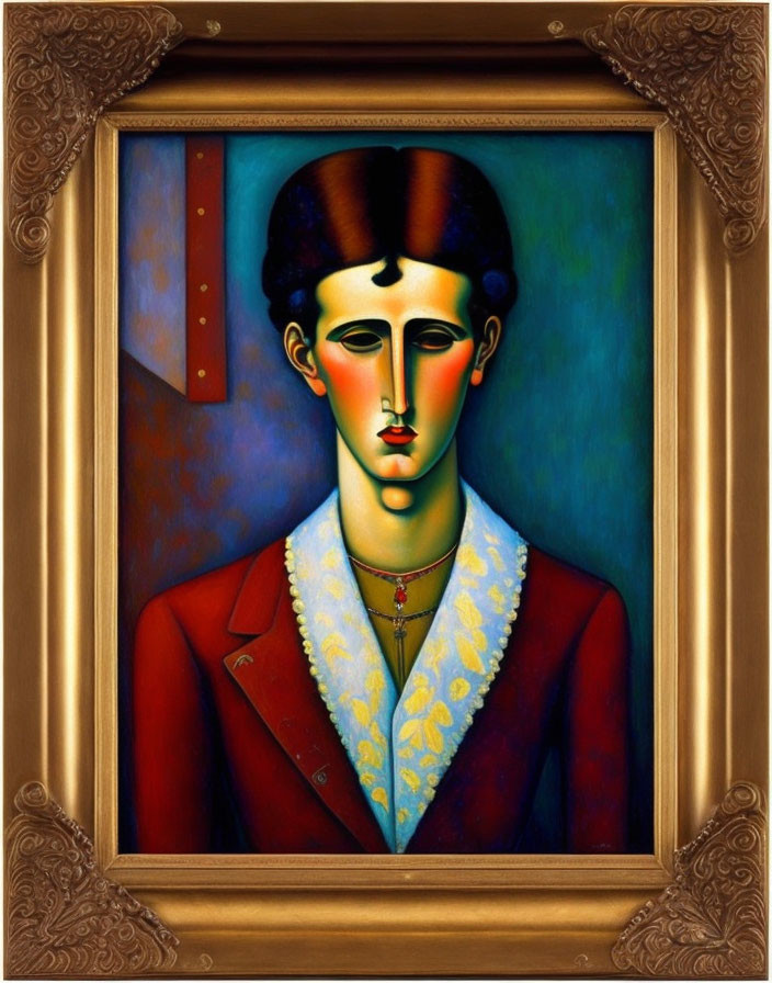 Stylized portrait of woman with blue skin and red cheeks in ornate brown frame