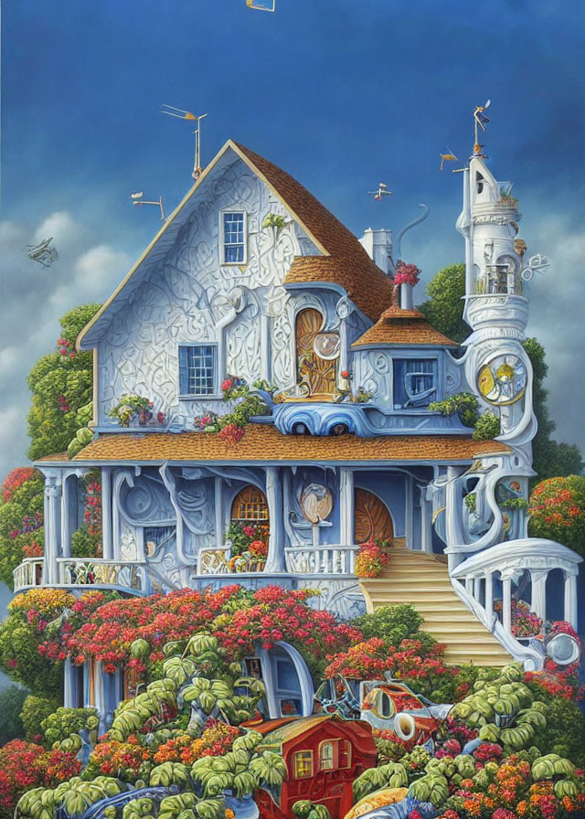 Intricate Whimsical House with Organic Shapes and Foliage