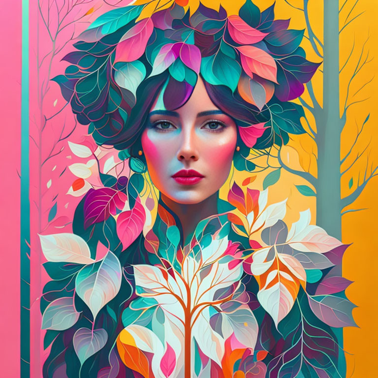 Colorful foliage hair woman against vibrant background blending nature with portrait.