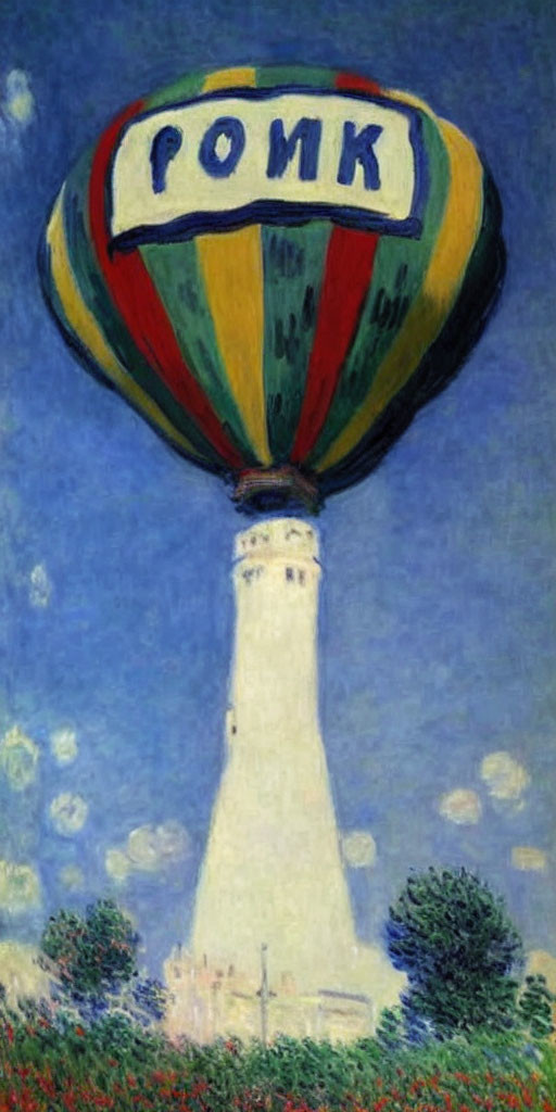 Colorful hot air balloon with "POMK" above white lighthouse in blue sky