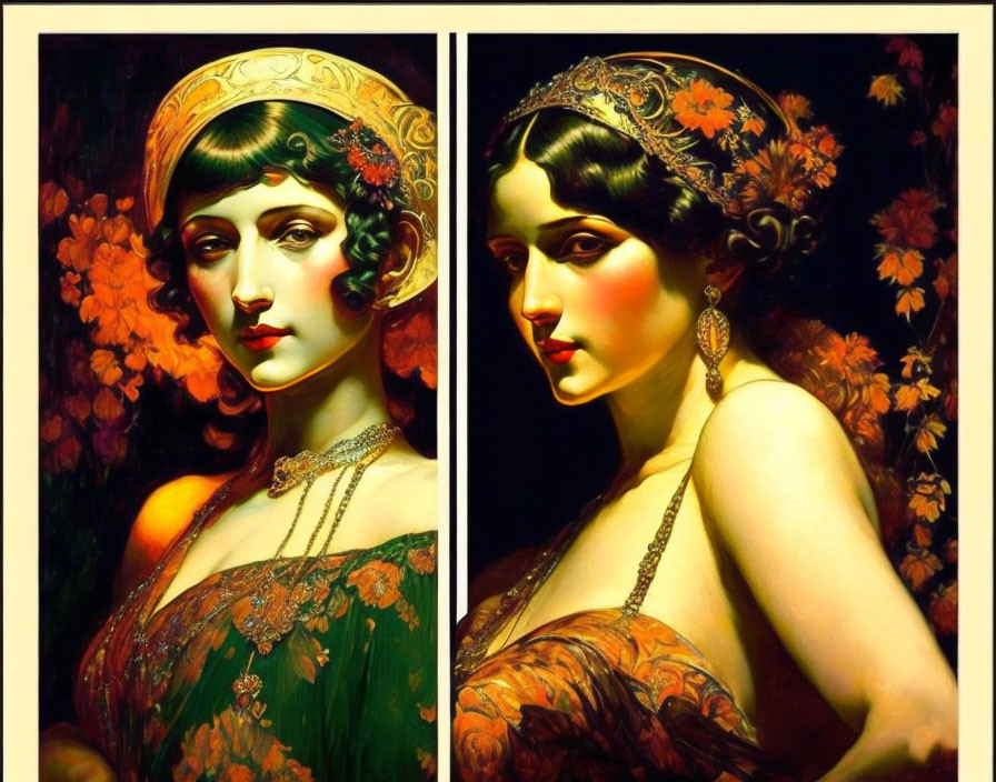 Art Nouveau style portraits of a woman with ornate headdresses and floral backgrounds