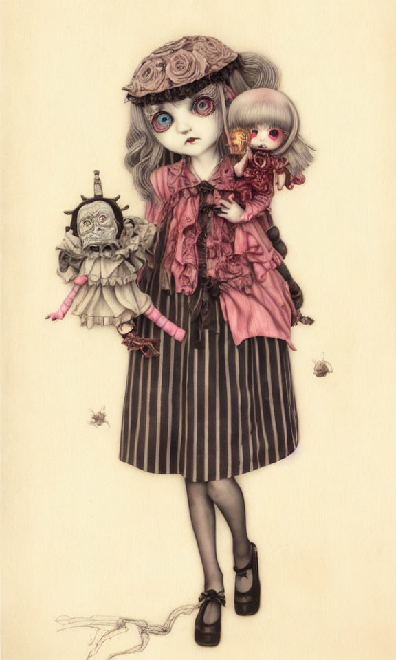 Gothic-themed girl with doll and tin toy on cream background