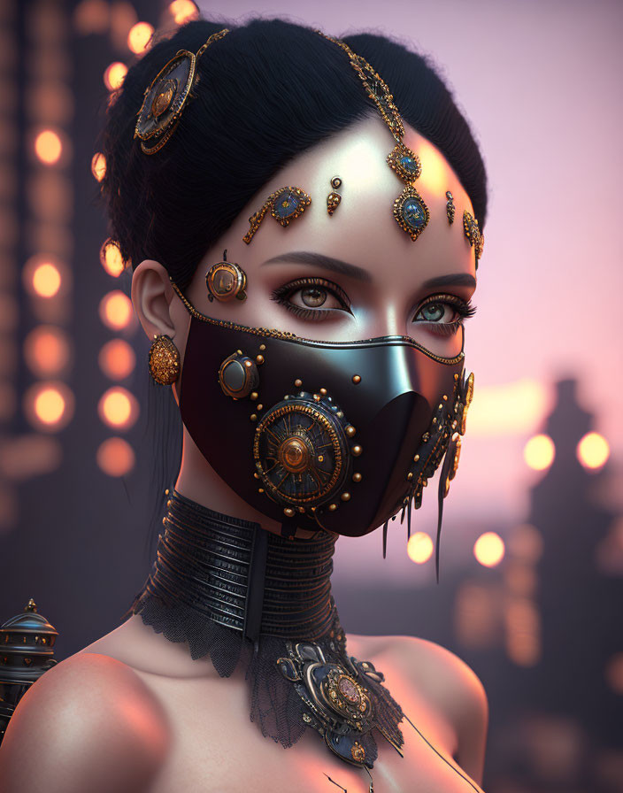 Portrait of woman with golden facial jewelry and black-gold mask on warm bokeh background