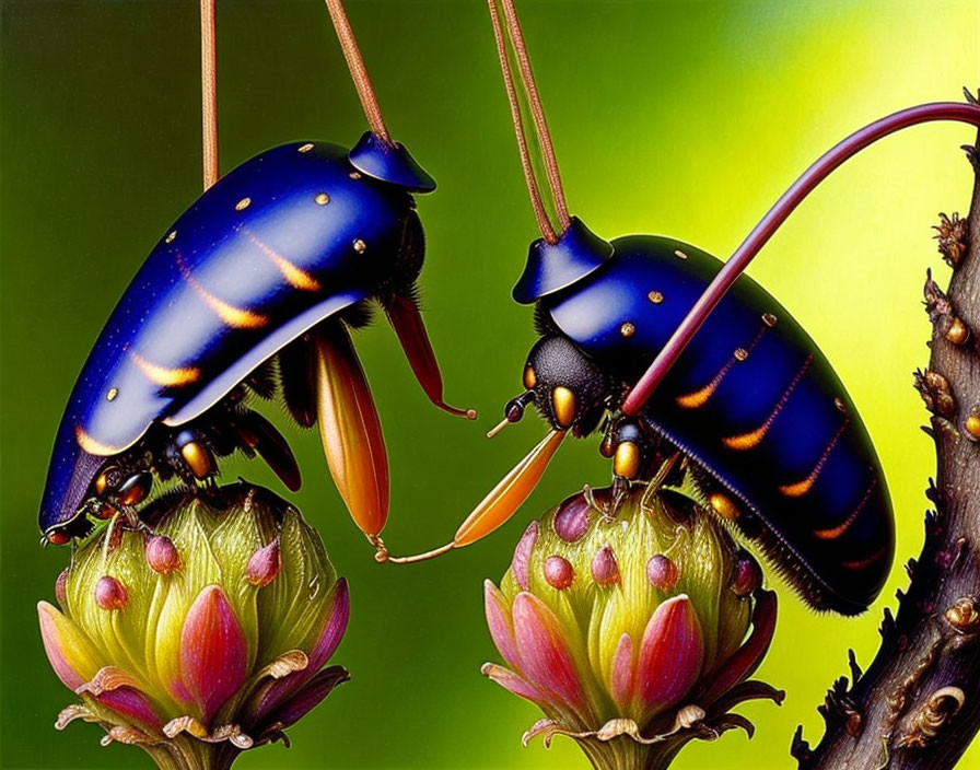 Vibrant blue beetles on pink flowers with green background