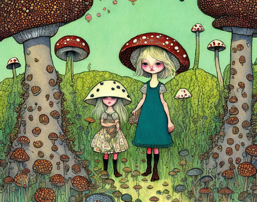 Whimsical forest scene with animated girls and oversized mushrooms