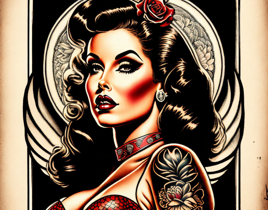 Vintage makeup and hairstyle woman illustration with red flower and tattooed arms in ornate oval frame