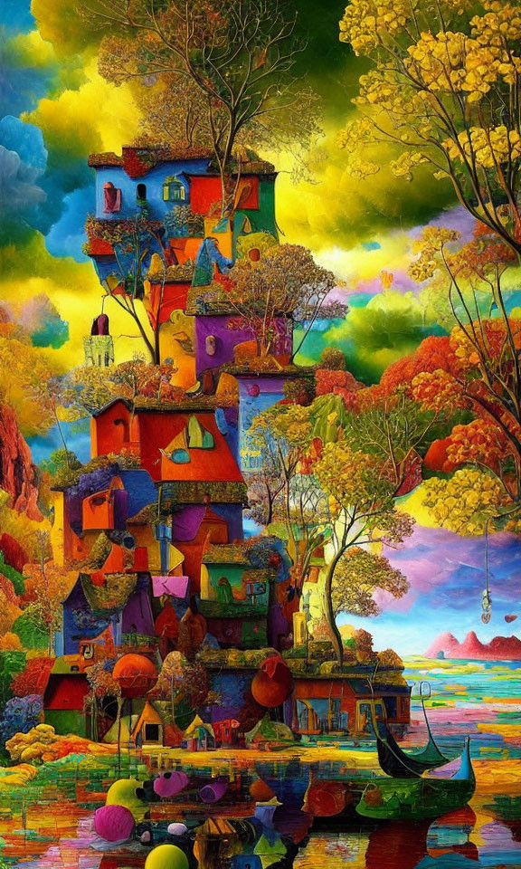 Colorful Treehouse Painting Surrounded by Autumn Trees and River