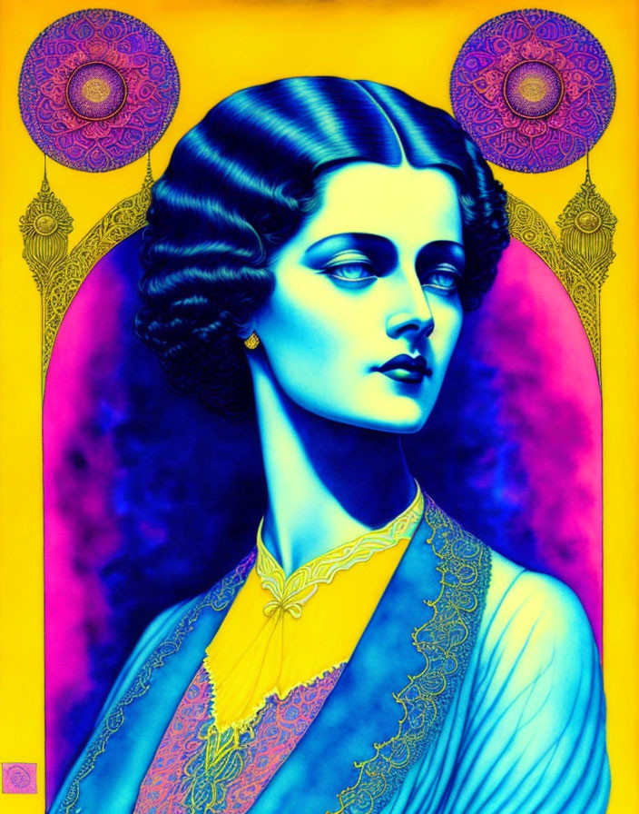 Colorful Portrait of Woman with Stylized Hair and Decorative Motifs