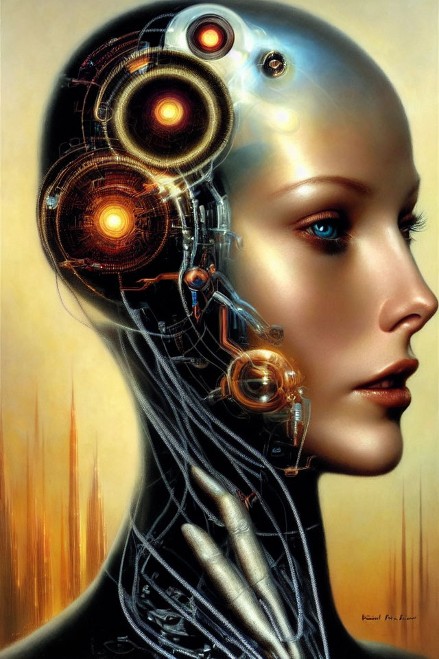 Portrait of female android with half-human, half-robotic face and visible circuits