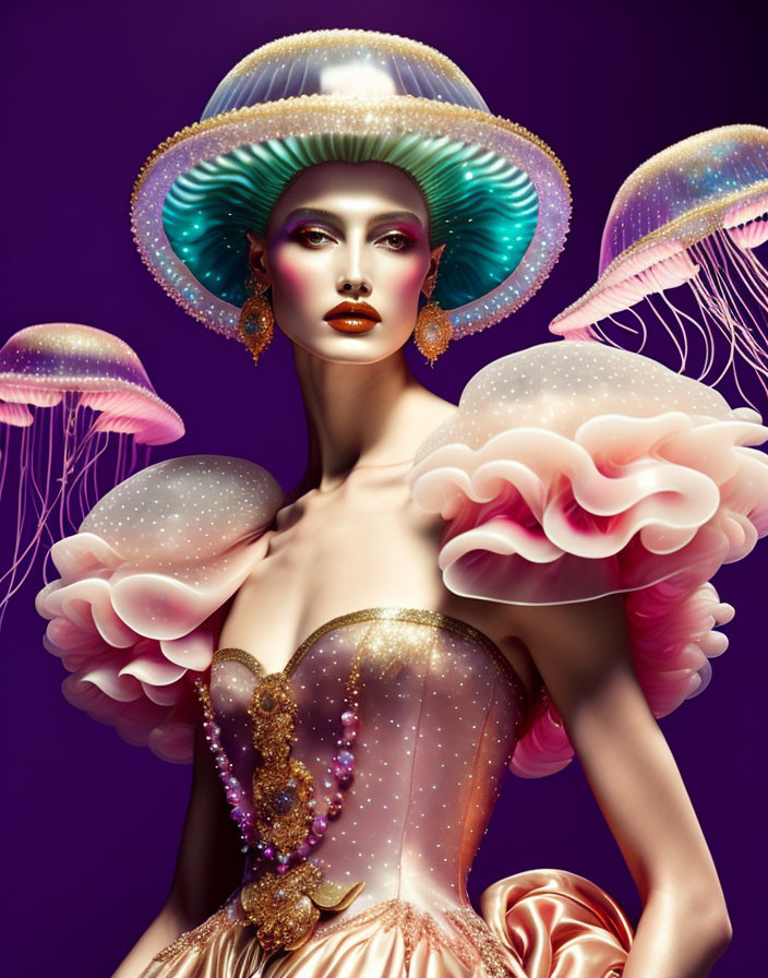 Colorful portrait of woman in jellyfish-like hat and glamorous attire