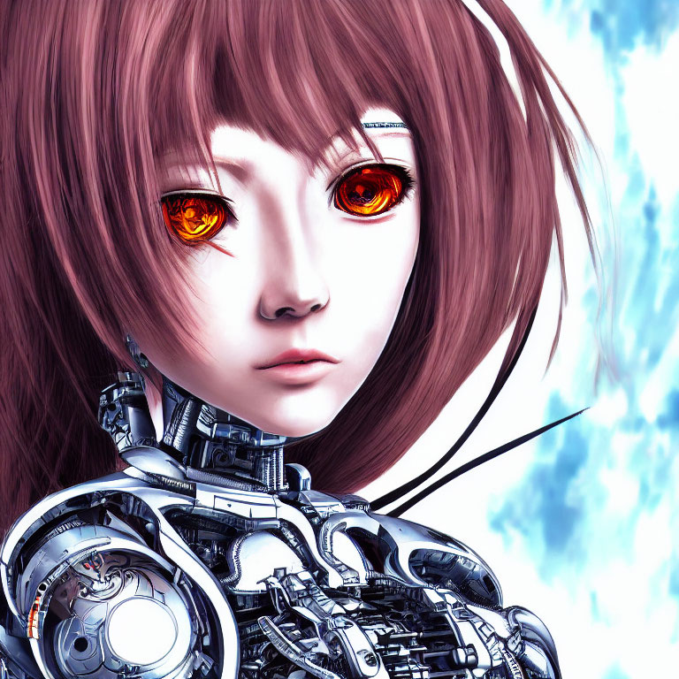 Female Android Digital Artwork: Red-Eyed, Brown-Haired, Mechanical Features