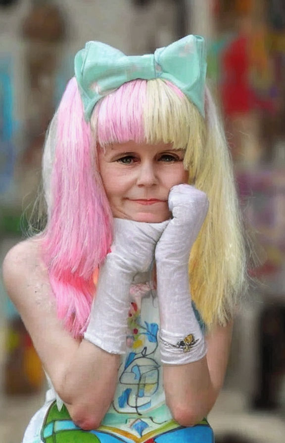 Person with Pink and Blond Hair in Colorful Outfit and Blue Bow Smiling