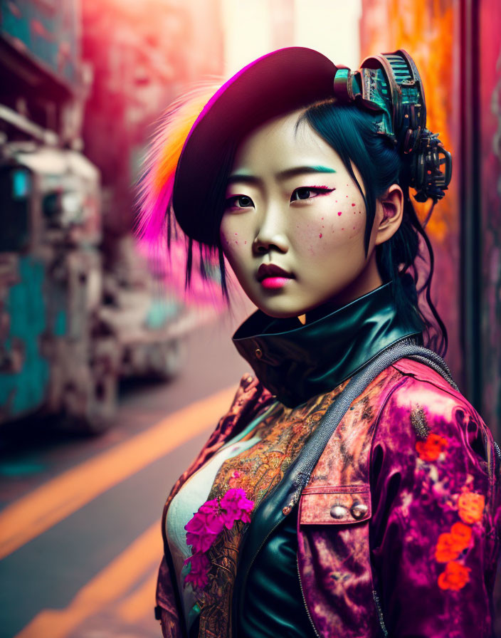 Vibrant makeup and dyed hair woman in floral jacket poses in urban alleyway