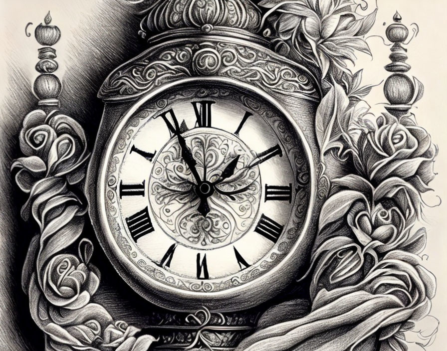 Vintage Clock with Floral Ornamentation in Monochromatic Etching Style