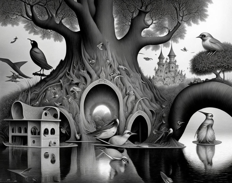 Monochrome illustration of birds, whimsical tree house, and fairytale castle