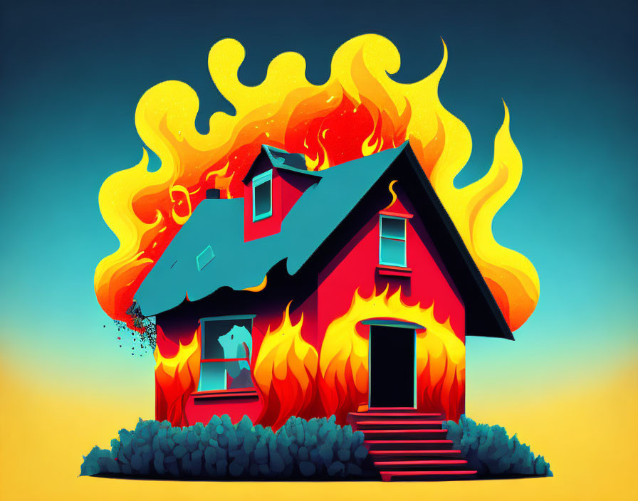 Illustration of red house in vibrant flames on blue backdrop