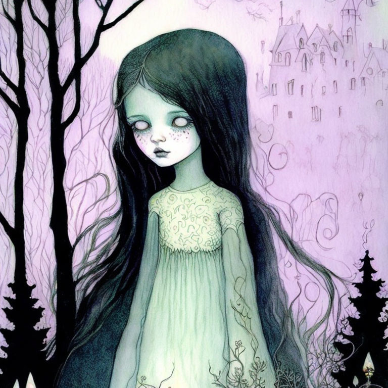 Pale girl with large eyes and long dark hair in whimsical setting