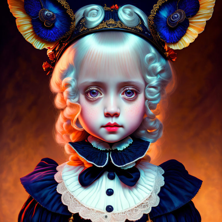 Surreal portrait of doll-like character with large eyes and Victorian attire