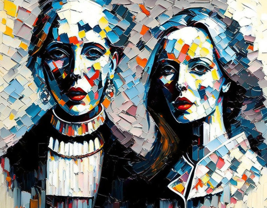 Vibrant abstract portrait of two women with geometric face patterns