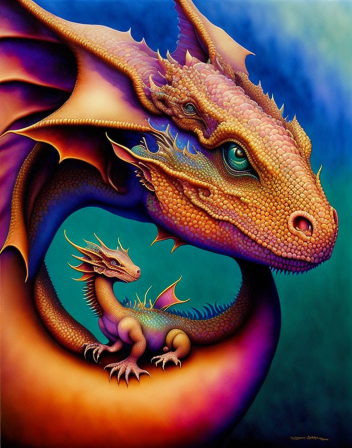 Colorful Dragon Painting on Blue and Purple Background