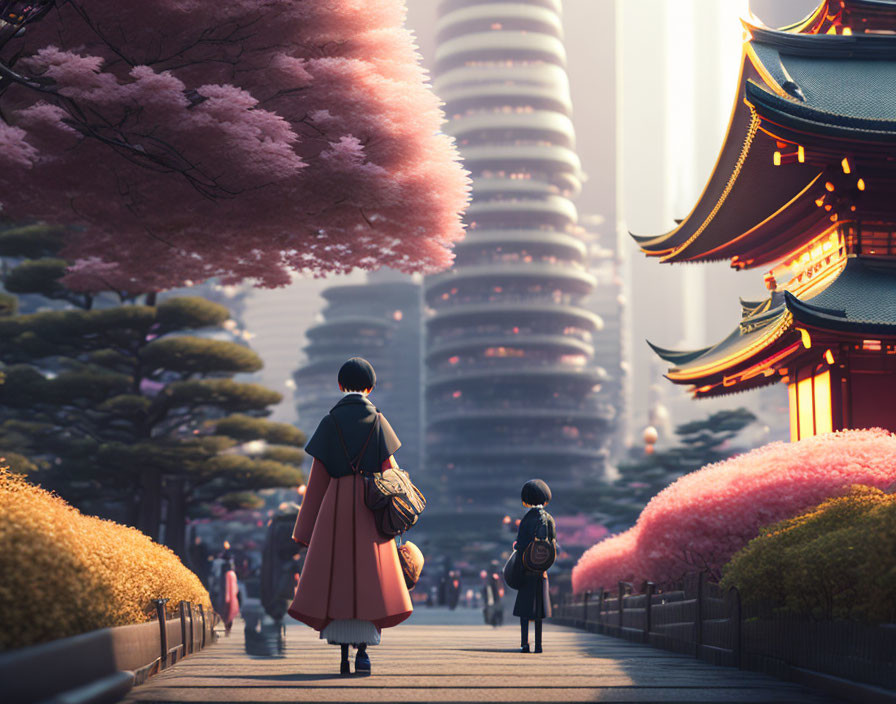 Two people in traditional attire near futuristic pagoda at dusk