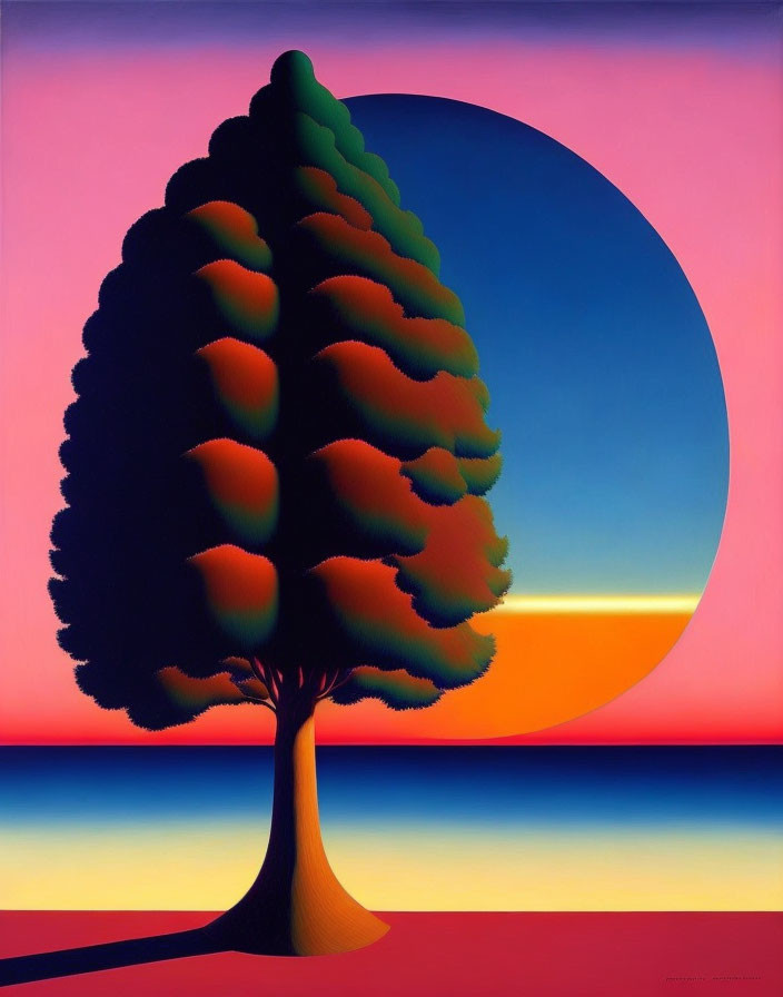 Colorful painting of solitary tree against blue circle and sunset.