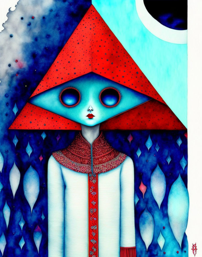 Surreal character with red triangle hat and blue skin on abstract blue background