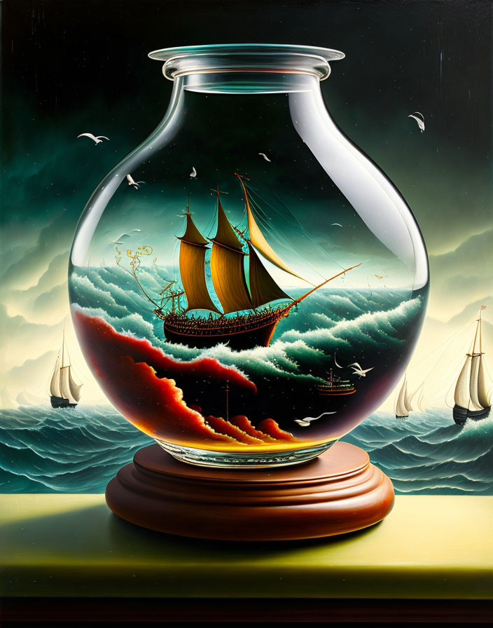 Surreal painting: ship in stormy sea inside glass vessel